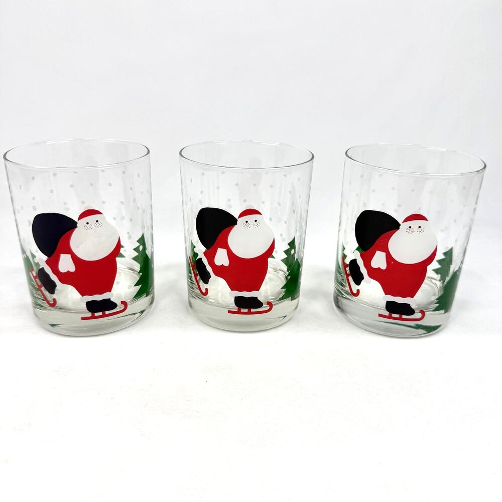 Set of 3 Vintage Crate and Barrel Skating Santa Old Fashioned Glasses